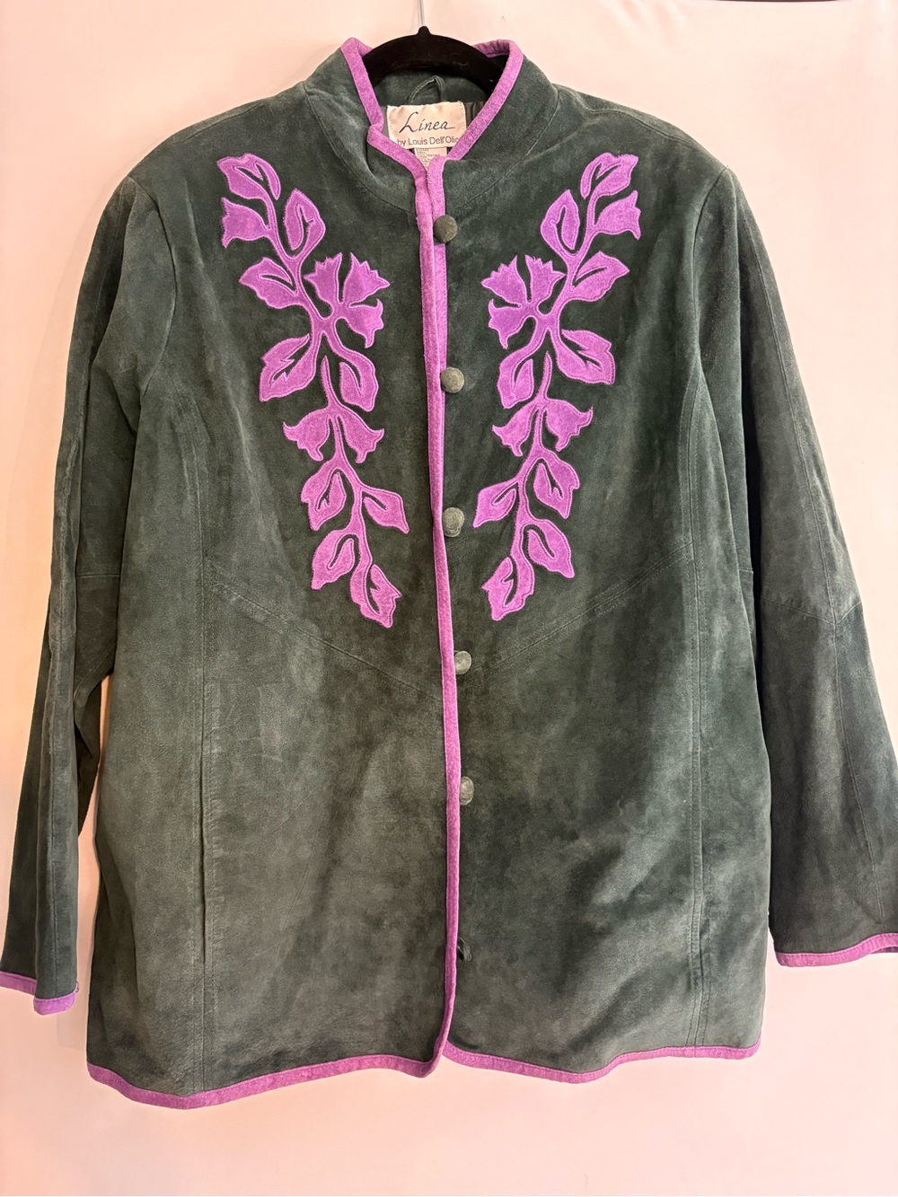 Green Suede Jacket with Purple Embroidery and trim